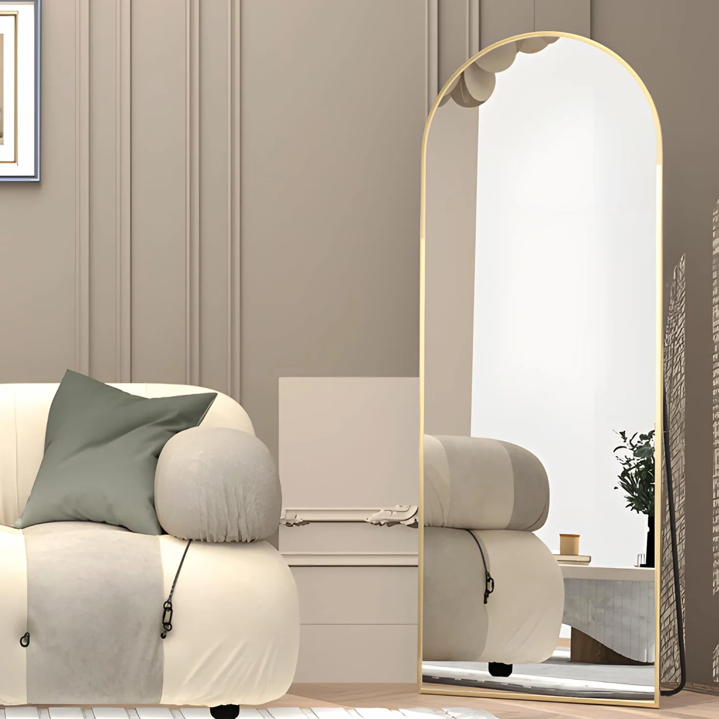 Grand Miroir Pleine Longueur Arqué 162 x 53 cm Doré Mural avec Support Suspendre ou Appuyer