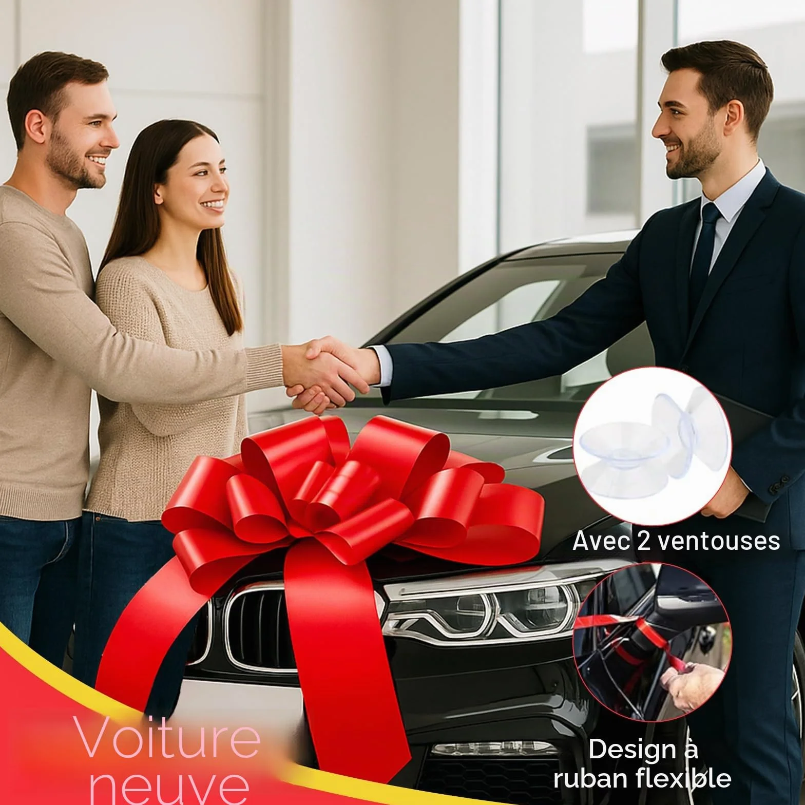 Grand nœud de Voiture Rouge 58 cm avec 2 Ventouses pour Mariage Noël