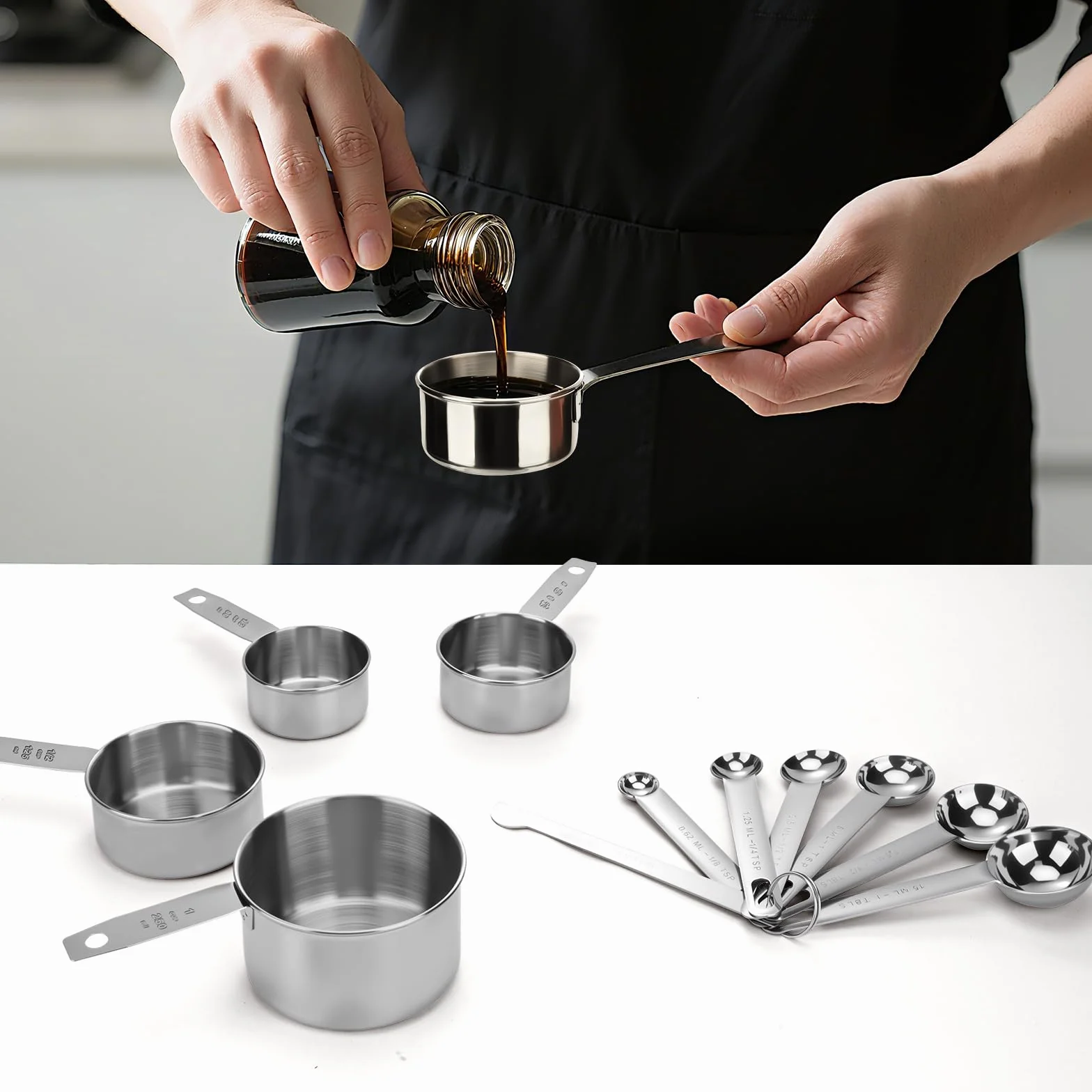 Set de 11 Cuillères et Tasses Doseuses en Acier Inoxydable Professionnel avec Graduation
