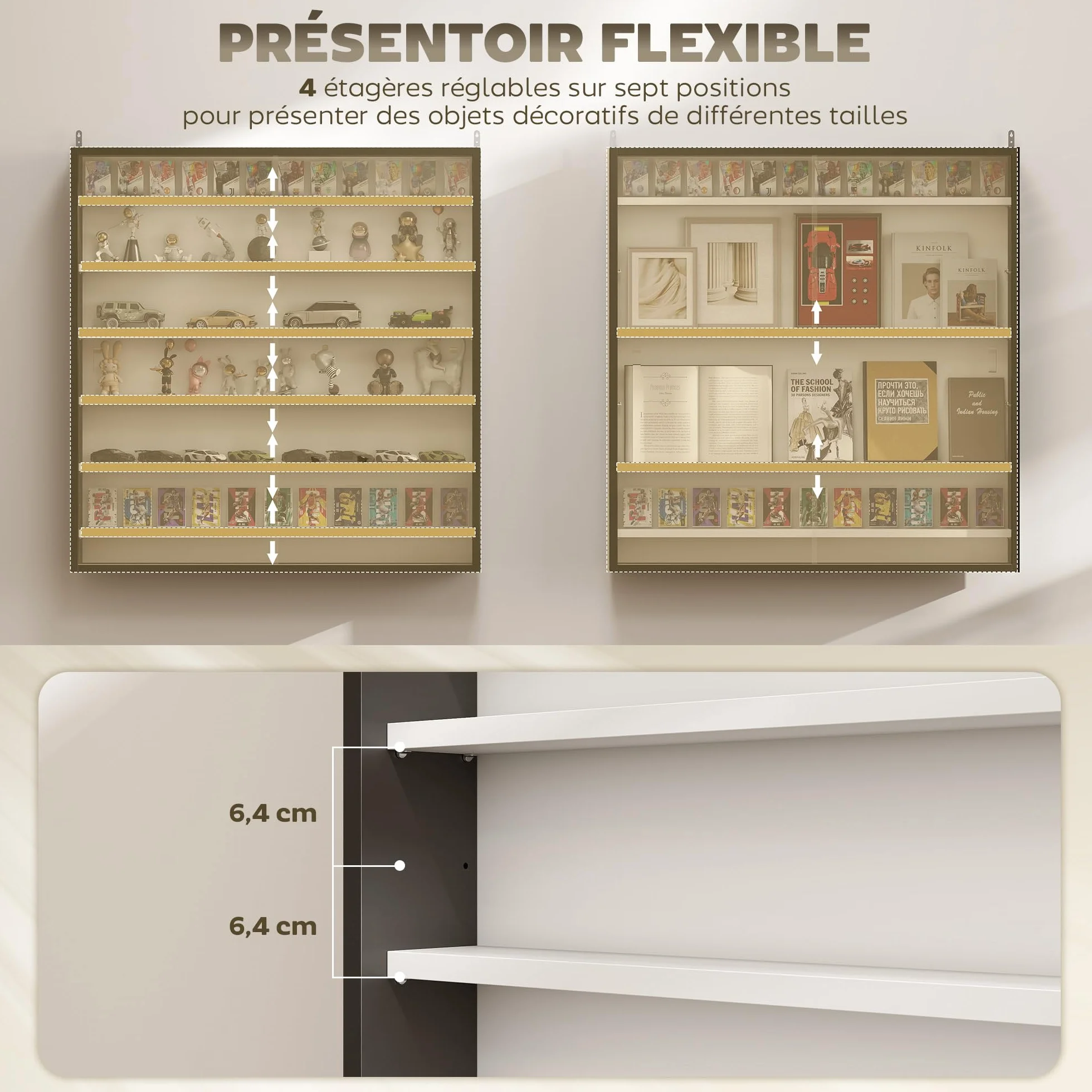 HOMCOM Vitrine pour Collection vitrine Murale 80 x 9,5 x 83 cm avec 6 étagères réglables en Hauteur et 2 Portes coulissantes en Verre, pour Collection de Figurines et Voitures Miniatures, Noir