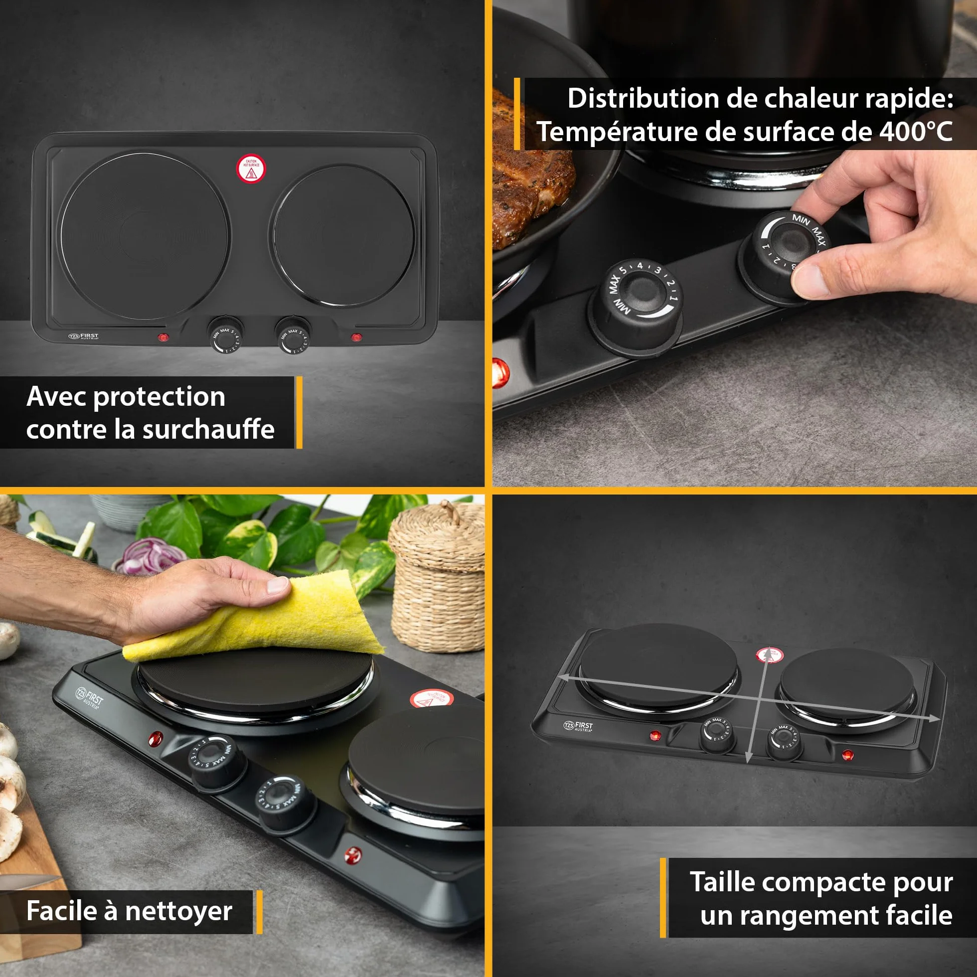 TZS First Austria - Double Plaque de Cuisson 2500W - Foyers en Fonte 180 & 150 mm - Thermostat Réglable - Réchaud Mobile pour Camping & Cuisine - Noir