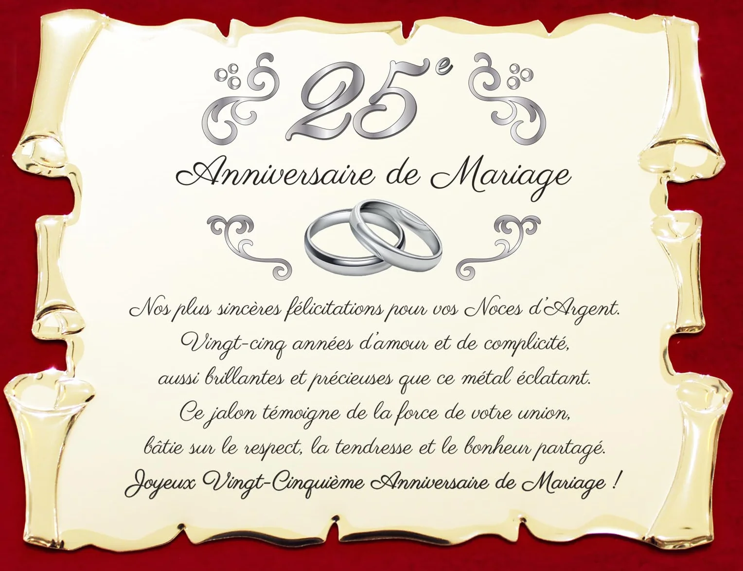 Plaque Souvenir 25e Anniversaire de Mariage Noces d'Argent Métal Doré Décoratif Rouge