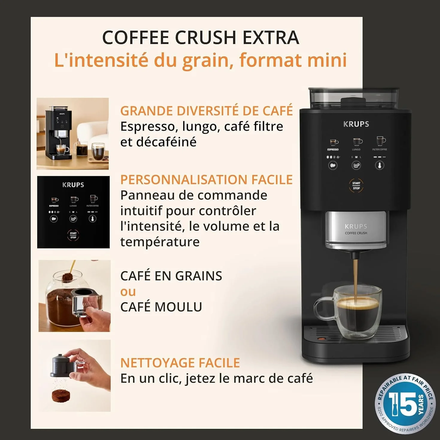KRUPS Coffee Crush Extra, Machine à café à grains, ultra compacte, nettoyage facile, noir, SA4028E0