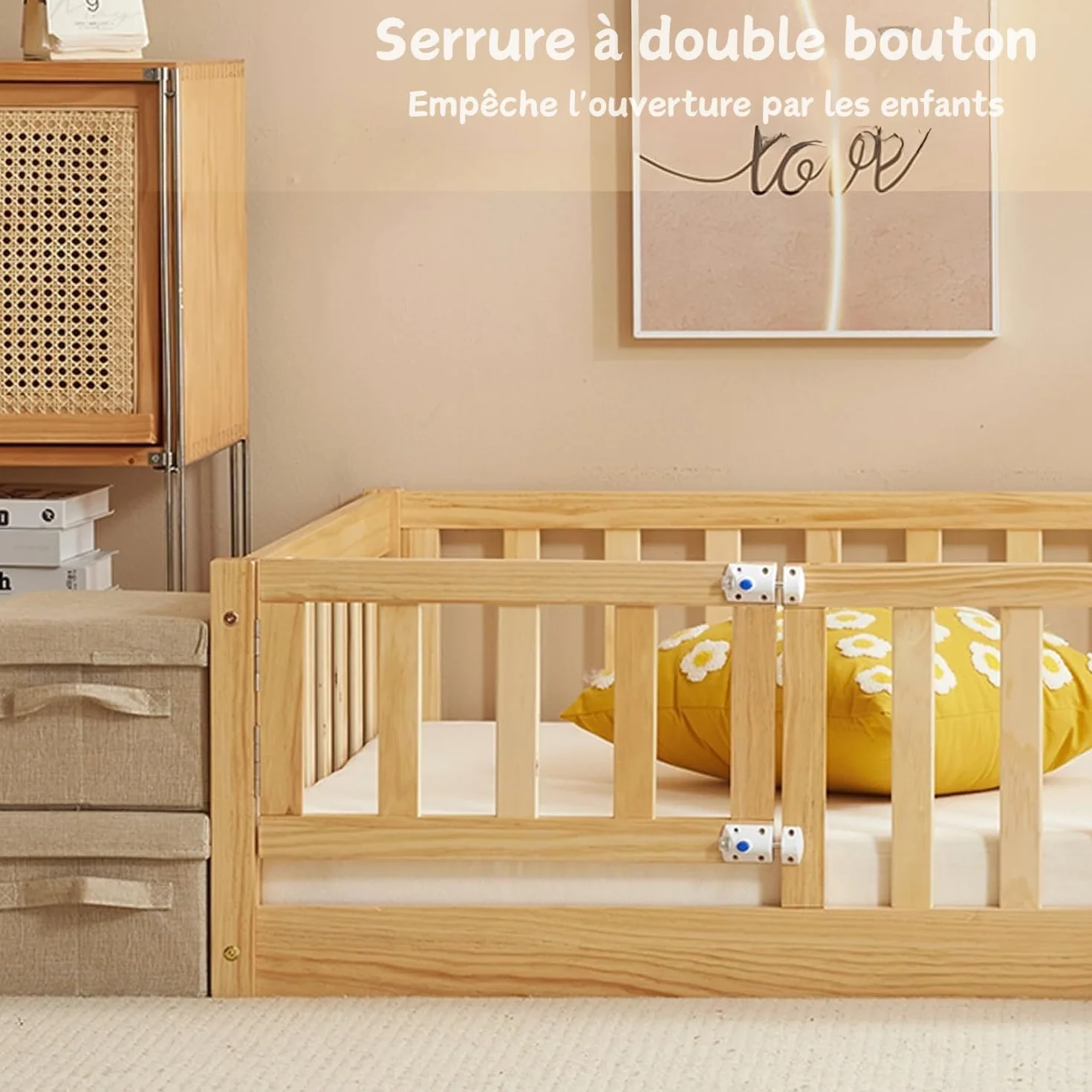 LEADZM Lit Montessori 140x200 cm - Bois Massif avec Porte et Barrière Sécurisée - 12 Lattes Renforcées, Garde-Corps Intégré - pour Enfants et Bébés (Couleur Naturelle)