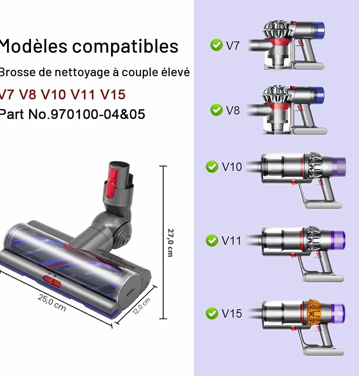 Brosse High Torque pour Dyson V11 V15 V10 V8 V7 SV10 SV11 SV12 Aspirateur, Anti-Enchevêtrement Brosse Compatible avec SV10 SV11 SV12 Débit d’air Adjustable, Idéale pour les Sols Lisses et Les Tapis