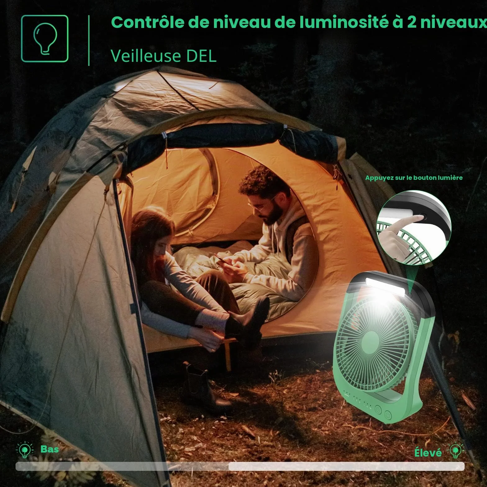 ATEngeus Ventilateur USB, 10000 mAh Rechargeable Batterie, 4 vitesses, Ventilateur de Camping 8", Pivotant à 180°, lumière LED, Minuterie, Ventilateur pour le camping, les voyages