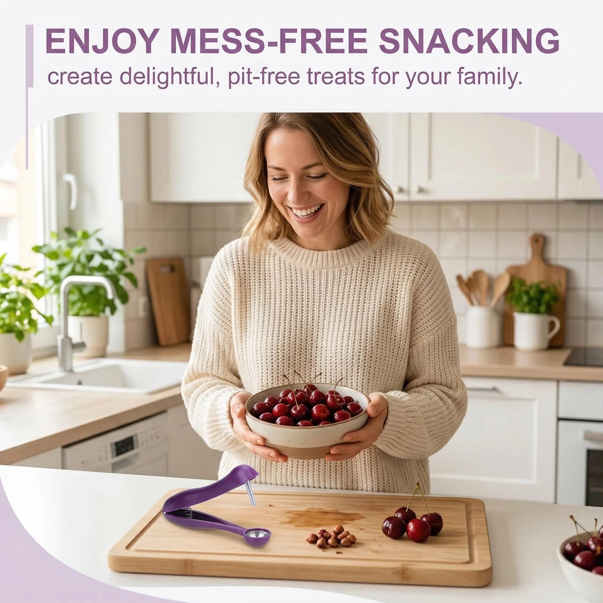 Lot de 3 Dénoyauteurs à Cerises en Acier Inoxydable (Violet), Presse-Noyaux Manuel par Poussoir, Ustensiles de Cuisine Compacts pour Cerises, Olives, Dattes