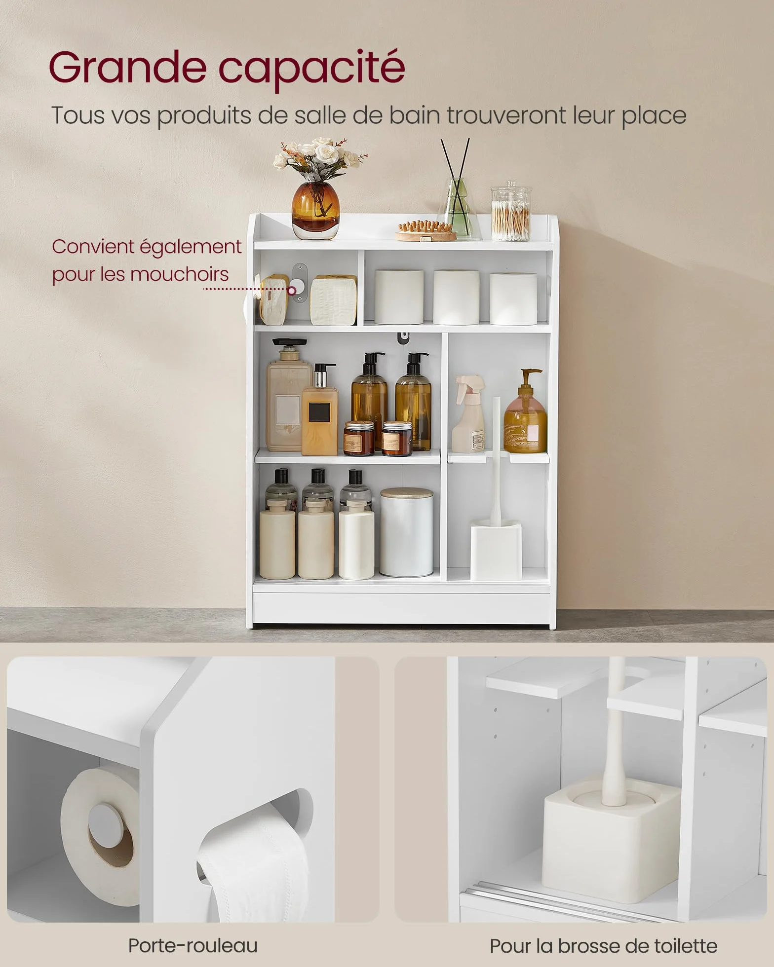 VASAGLE Meuble WC, Meuble Toilette, pour Salle de Bain, Rangement Papier Toilette, pour Brosse WC, Portes Coulissantes, Étagères Réglables, à Côté des WC, 20 x 60 x 80 cm, Blanc Nuage BBC752W01
