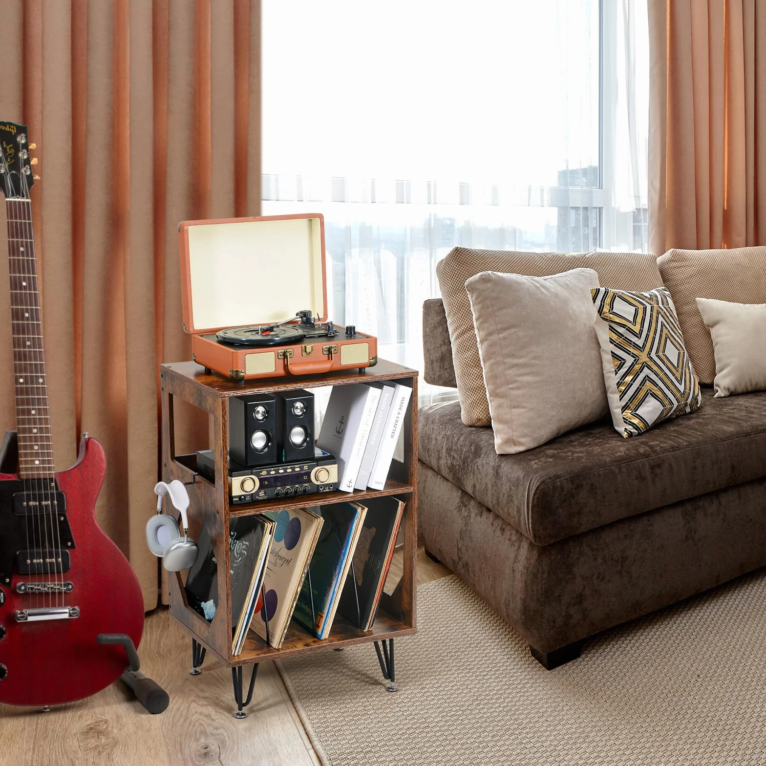 ikkle Table d’Appoint pour Tourne-Disque avec Rangement LP à 3 Niveaux, Support pour tourne-disque en bois marron Meuble Platine Vinyle, Support pour 160 Albums,Étagère de Rangement Disques pour Salon