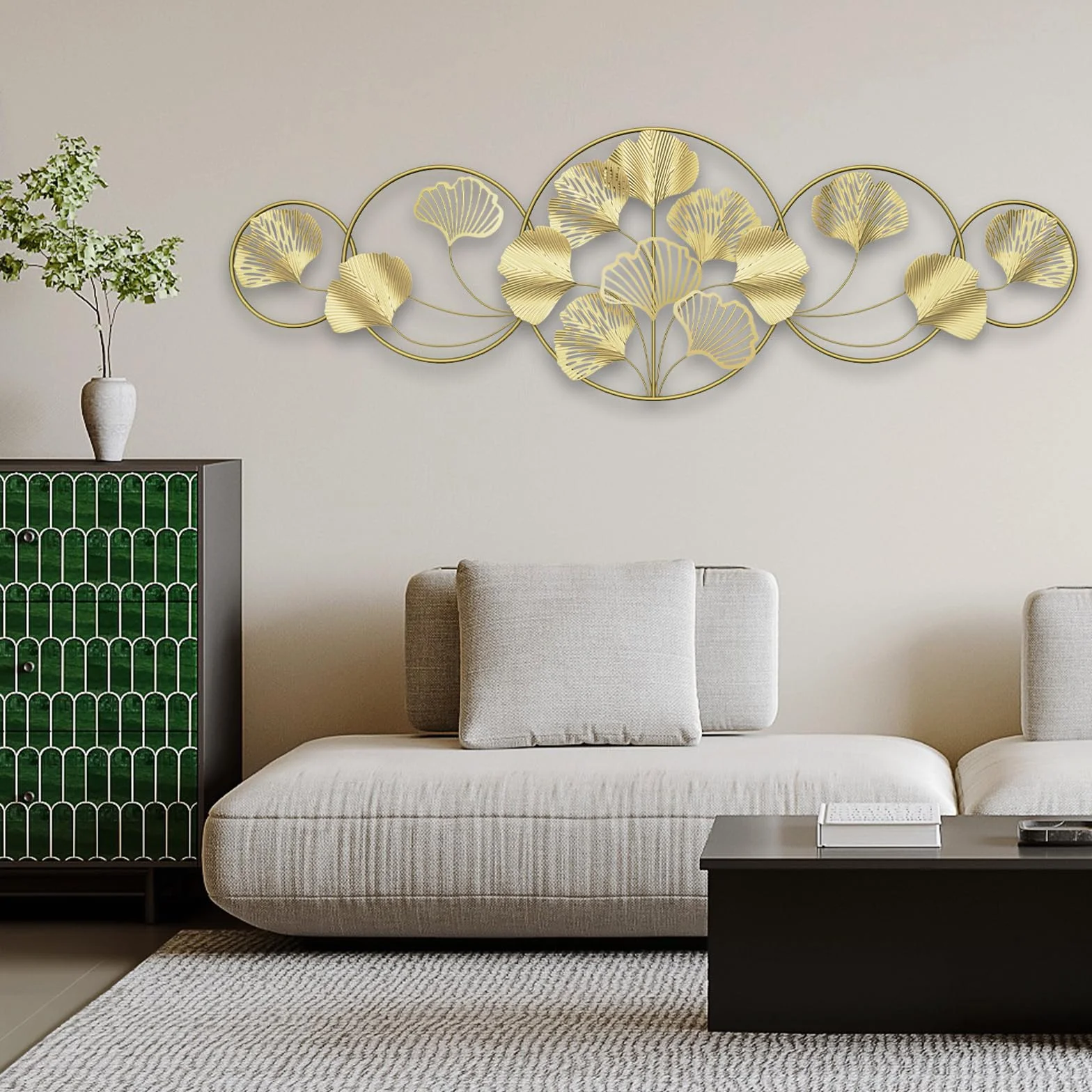 QHENS Decoration Murale Metal Doré, Decoration Murale Salon de Ginkgo 128 x 43 cm, Deco Murale Salon, Feuille Réglable, pour Salle D'étude Chambre à Coucher Hôtel