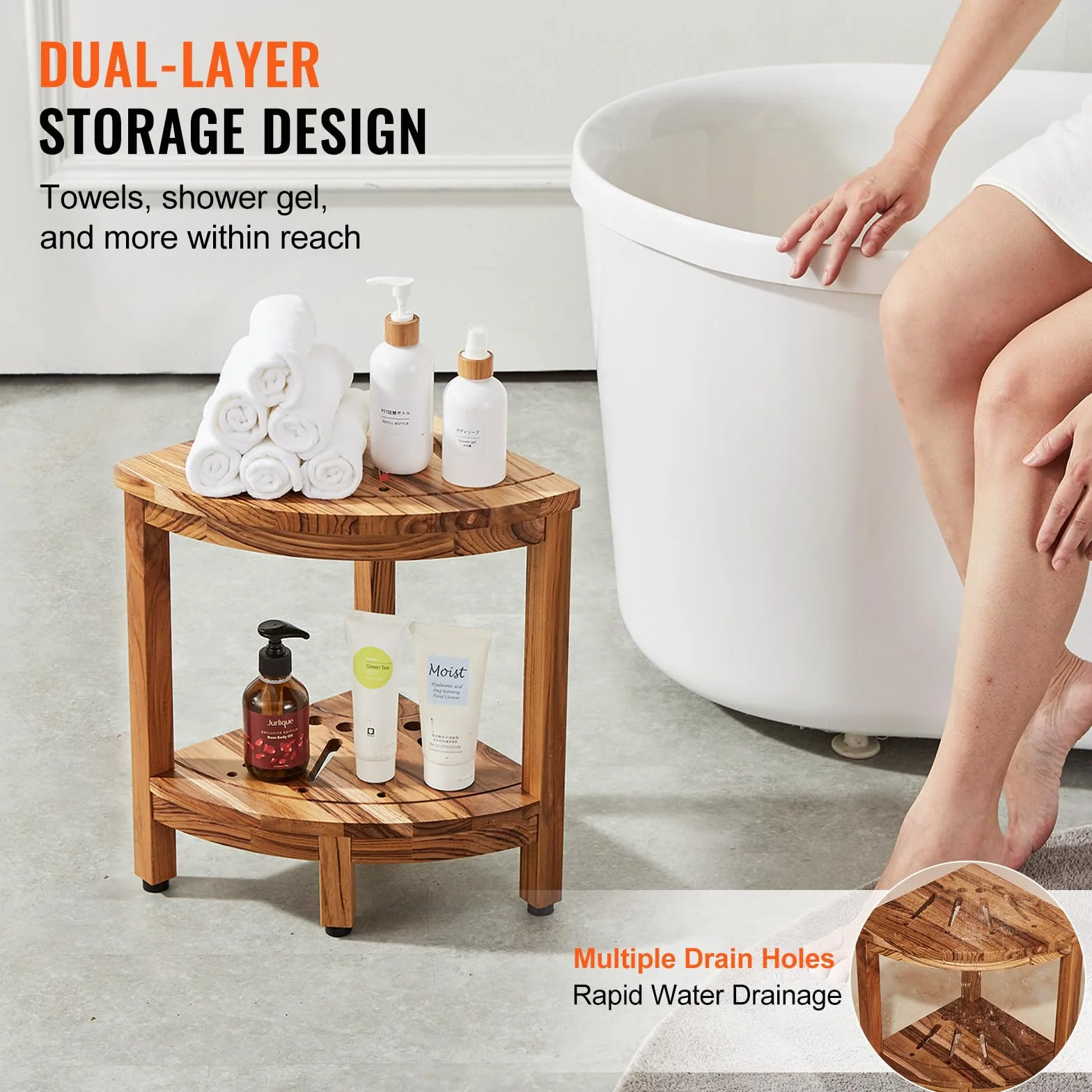 VEVOR Banc de Douche d'angle, Hauteur 43 cm, Rayon 30,5 cm, Tabouret en Teck, Capacité de Charge 136 kg, avec Étagère de Rangement, pour Douche Intérieure et Extérieure, Coin, Salle de Bain, Salon