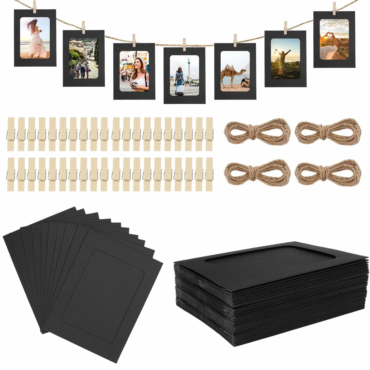 Cadre Photo en Papier Kraft 40 Pièces 11.5x15.5cm avec Pinces en Bois et Corde de Chanvre pour Décoration Murale