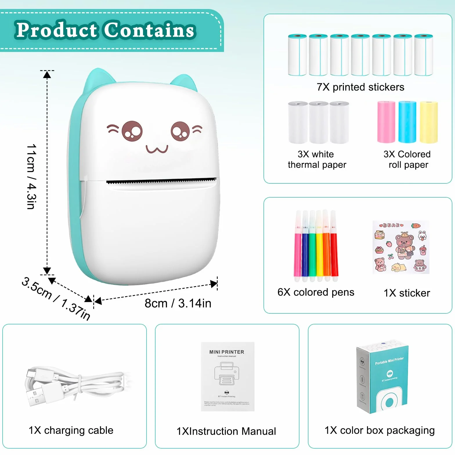 Mini Imprimante Portable Thermique Sans Encre Bluetooth Compatible Android iOS C9-Bleu