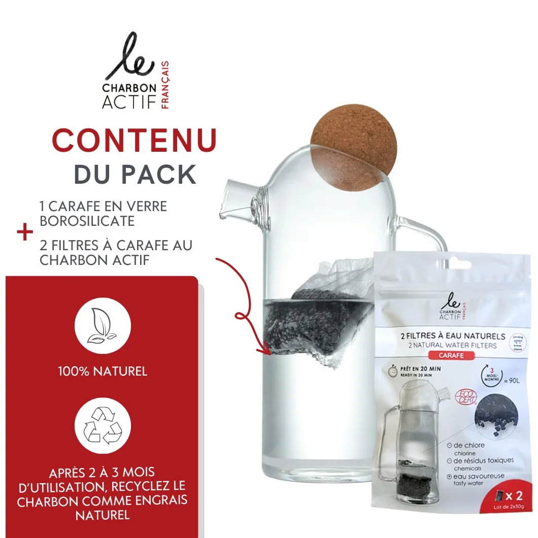 Carafe Filtrante en Verre 1L - inclus 2 cartouches filtrantes au charbon végétal activé sans BPA - Filtre eau du robinet réduit PFAS calcaire chlore pesticides métaux lourds