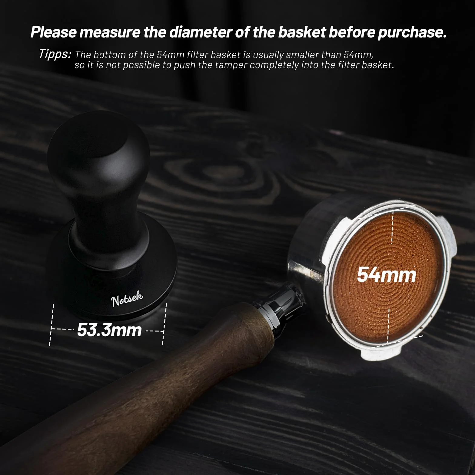 NOTSEK Tamper à café 54 mm, tampon à ressort calibré de 54 mm avec pression de contact de 13,6 kg, base ondulée en acier inoxydable 304 pour porte-filtre sauge, noir