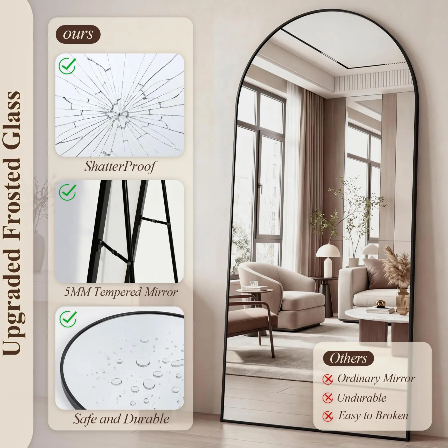 Miroir sur Pied Mural 180x75cm Grand Miroir Pleine Longueur Verre Sécurité Cadre Aluminium Design Arche