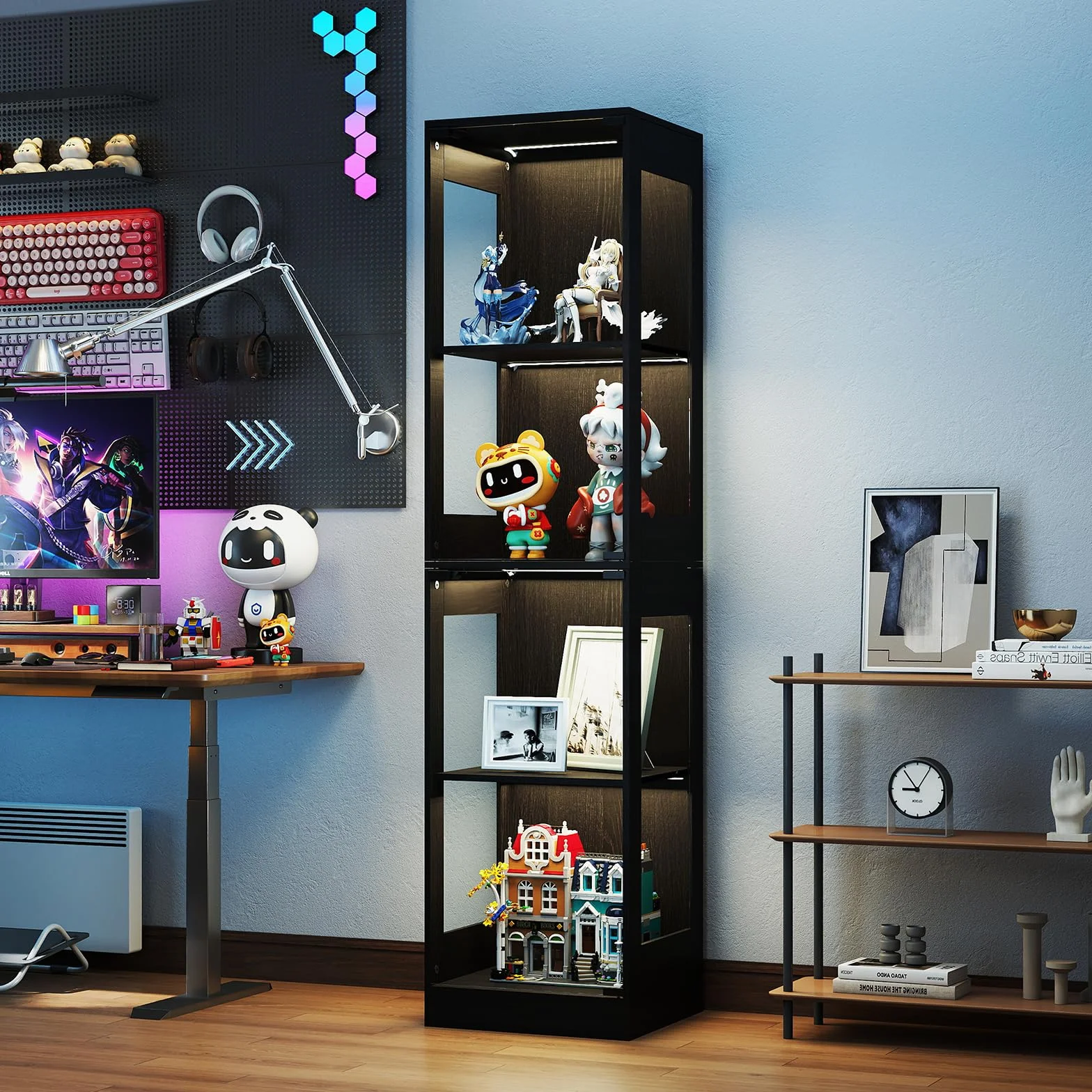 YU YUSING Vitrine Colonne en Verre avec Lumière Intelligente LED pour Collection, Armoire de Vitrine Moderne avec 4 Étagères, Mangathèque, Bibliothèque, Rangement Chambre Salon, 40 × 35 × 165 cm, Noir