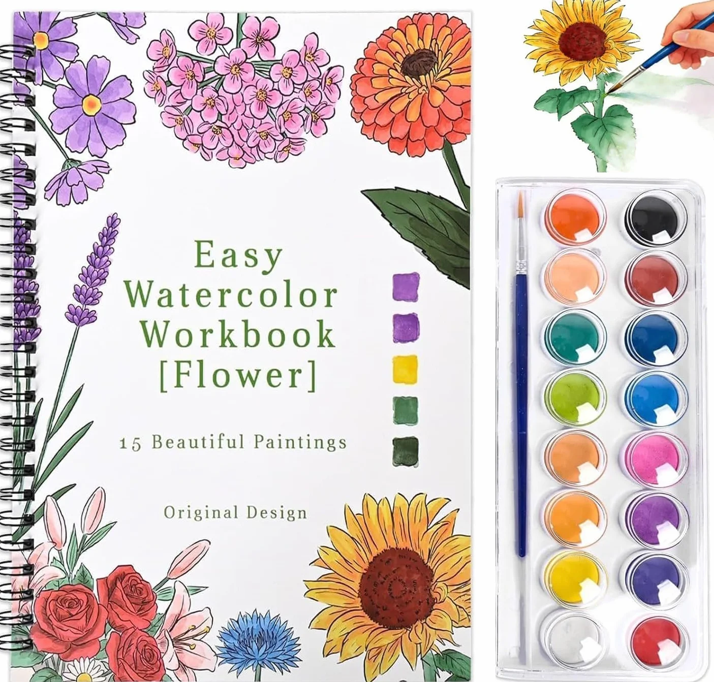 Cahier Aquarelle à Peindre pour Débutant, 16 Couleurs avec Pinceau, Livre Aquarelle Adulte