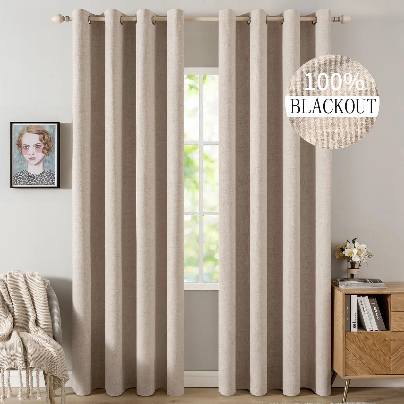 MIULEE Rideaux Opaques Thermiques avec Oeillets Lin 100% Opaques Lot de 2, 140 x 225 cm Beige