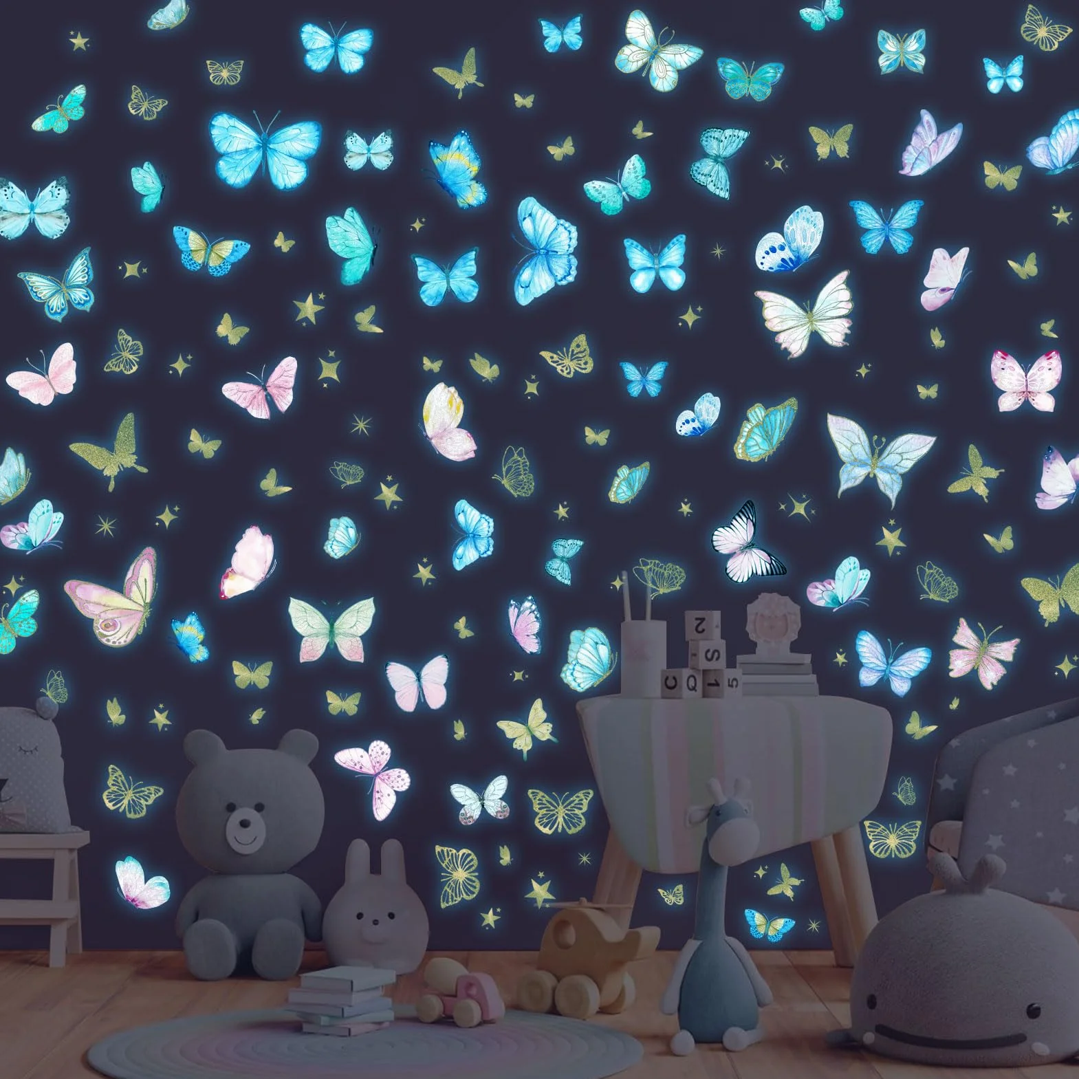 Sticker Mural Lumineux Papillon Phosphorescent Autocollant Muraux Fluorescents Enfant Chambre Décoration Bleu