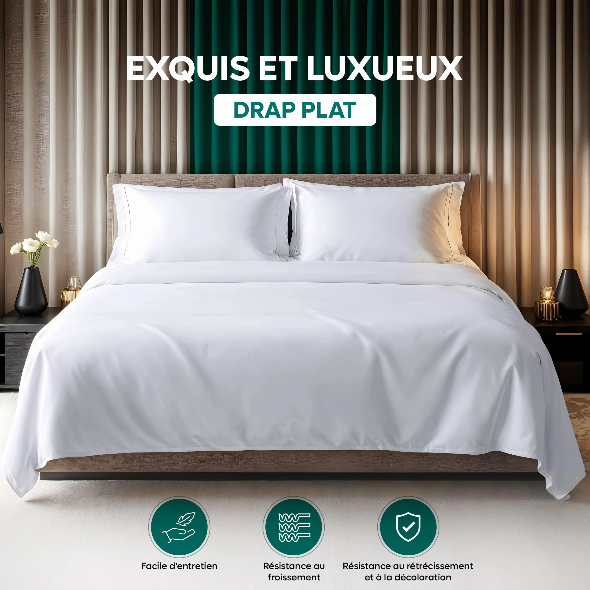 Drap Plat sans élastique 270 x 290 cm Oeko-TEX Polyester brossé Doux Microfibre Blanc