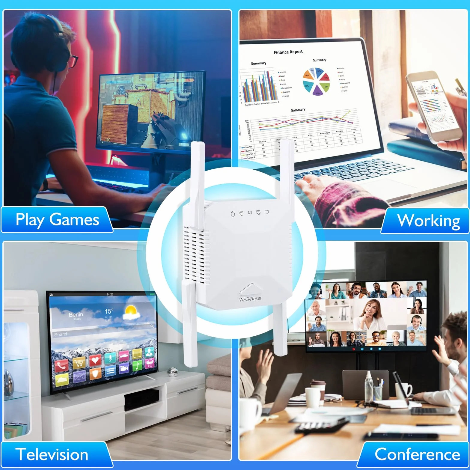 Potężny repeater WiFi 1200 Mb/s, dwuzakresowy wzmacniacz WiFi 2,4 GHz i 5 GHz, tryb repeatera/AP/router, 4 anteny zewnętrzne, przedłużacz Wi-Fi z portem Ethernet do domu i biura