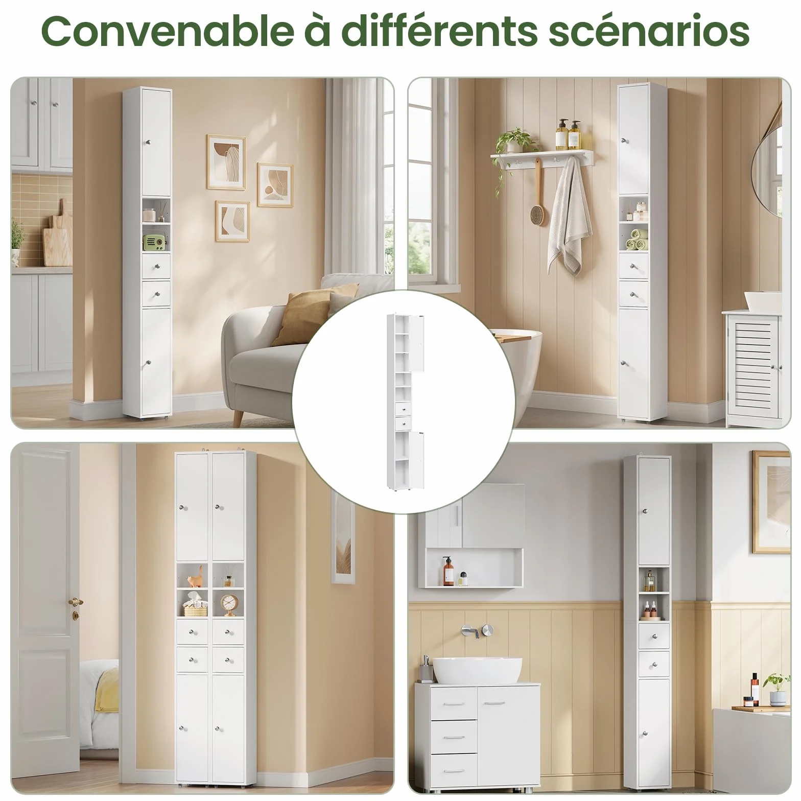 EUGAD Meuble Colonne de Salle de Bains, Armoire Rangement WC avec 2 Tiroirs, 2 Portes, Étagères Réglables et Compartiments Ouverts, Blanc, 20x20x180cm