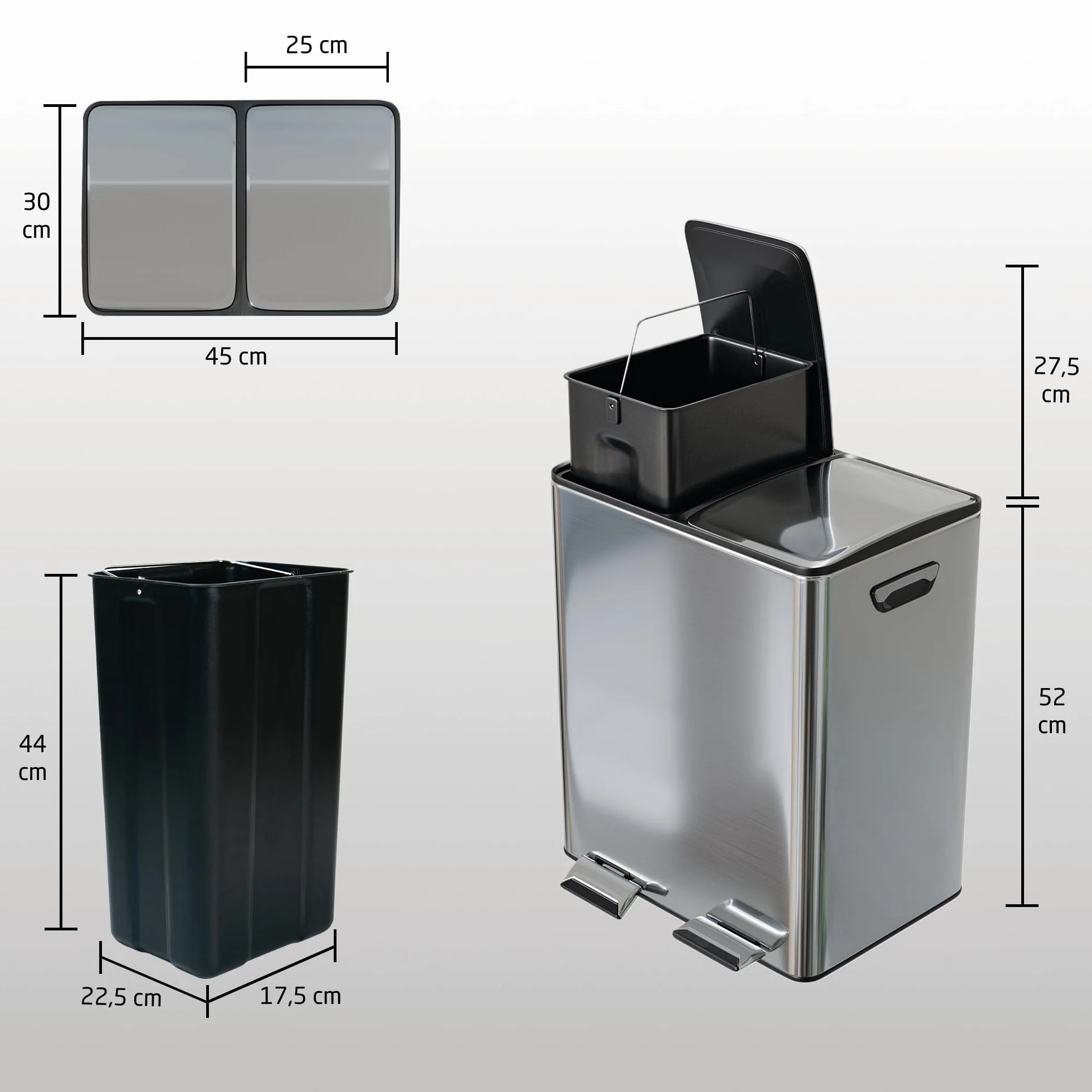 Poubelle de Recyclage Double Acier Inoxydable 45x30x52 cm 2x20 L RECIK EVO