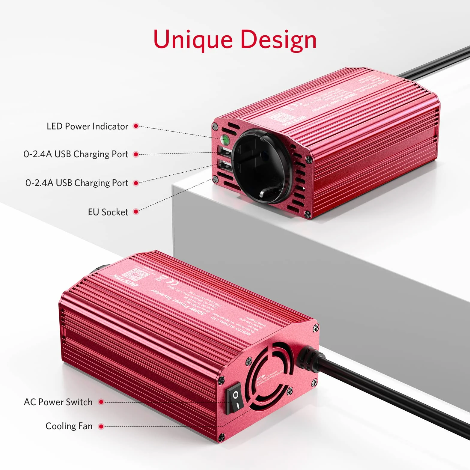 BESTEK Przetwornica napięcia 12 V 230 V 300 W zmodyfikowany falownik sinusoidalny 12 V na 230 V z gniazdem AC i 2 portami USB w zestawie wtyczka zapalniczki samochodowej, czerwona