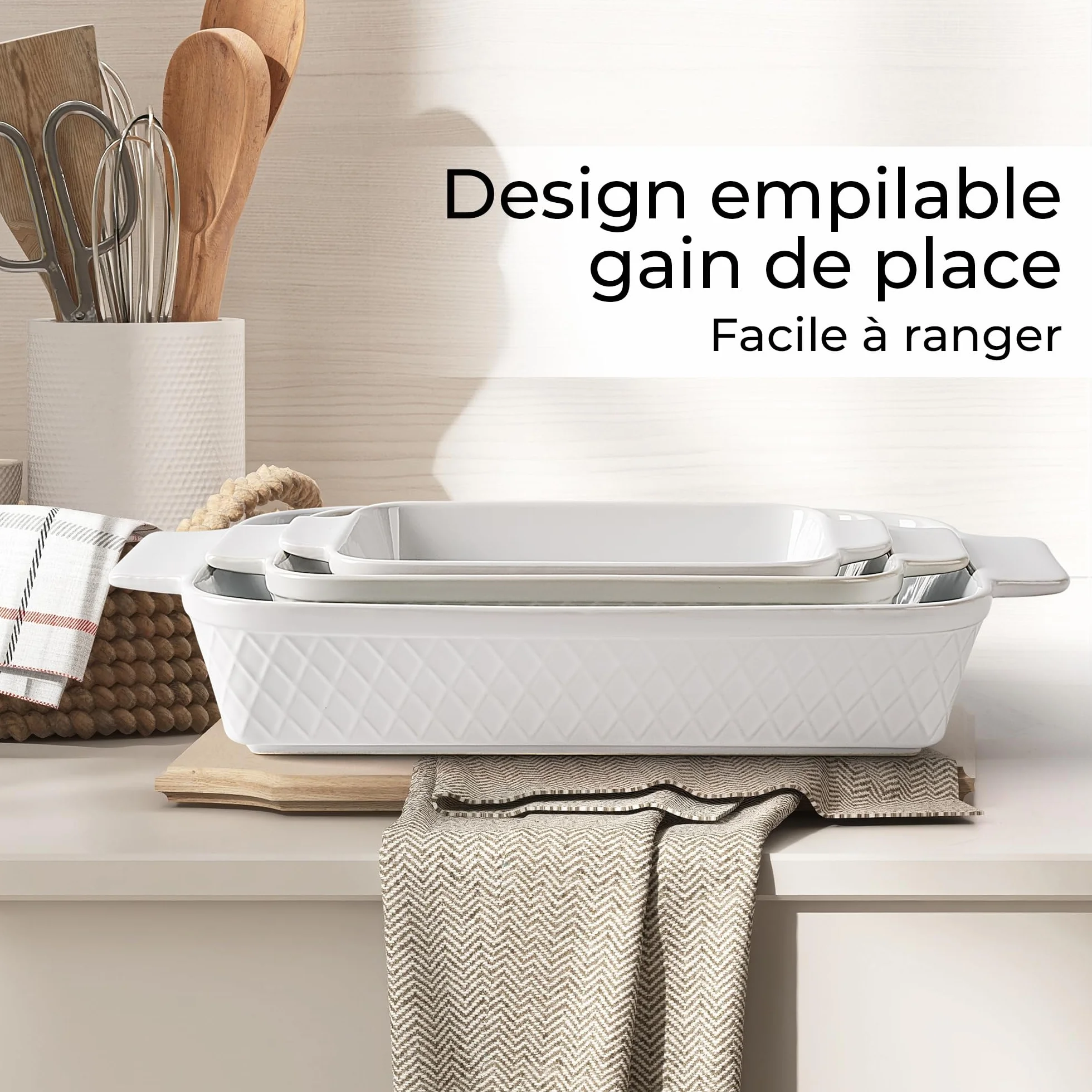 MIAMIO – Ensemble de 3 plats à gratin/Plat à cuisson rectangulaire en céramique, ensemble empilable de 3 pièces, 850 ml, 1650 ml, 2900 ml – Lave-vaisselle et four compatibles – Collection Palmanova