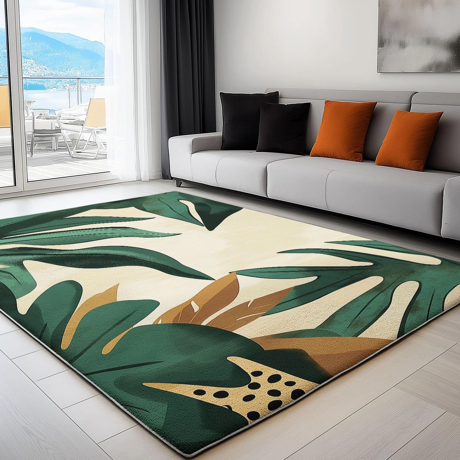 Tapis Poils Ras Motif Feuilles De Jungle Rétro Tapis Salon Chambre Adulte Salle à Manger Bureau Tapis Imprimé à Poil Court Doux Fin Lavable 80 x 150 cm, Vert Marron
