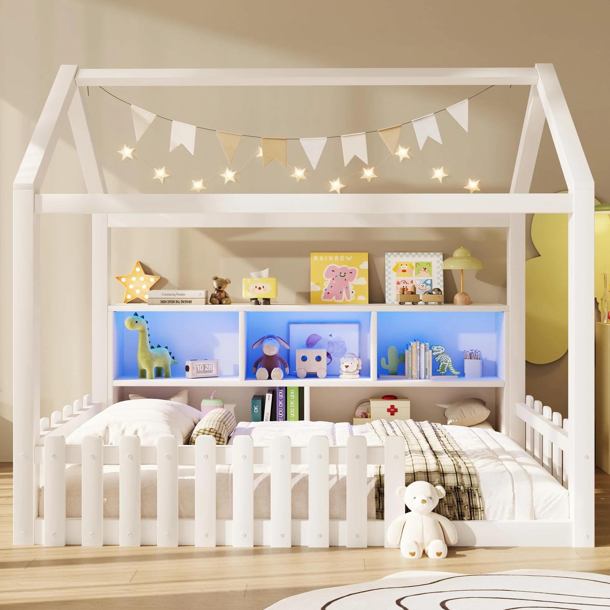 Sapgaks Lit Enfant avec éclairage LED,barrière de sécurité,Compartiments de Rangement Ouverts,lit cabane Enfants 90x 190 en pin,Cadre de lit 90 x 190 avec sommier à Lattes (Blanc 90x190)