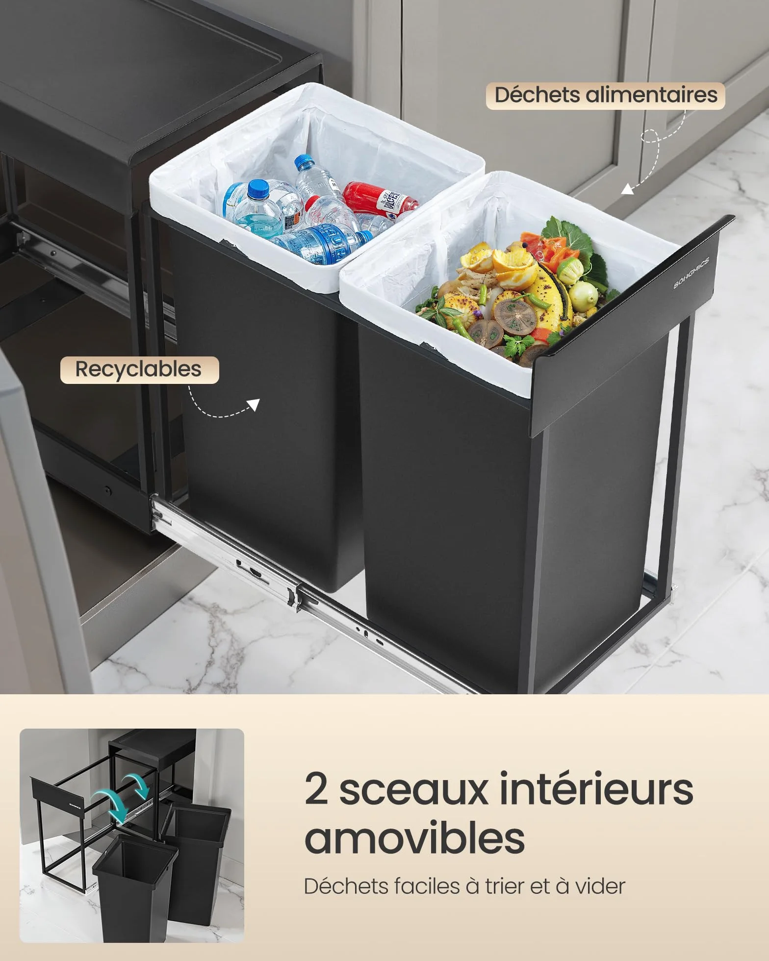 SONGMICS Poubelle de Tri Sélectif Extractible 2x15L Acier Noir LTB950B01