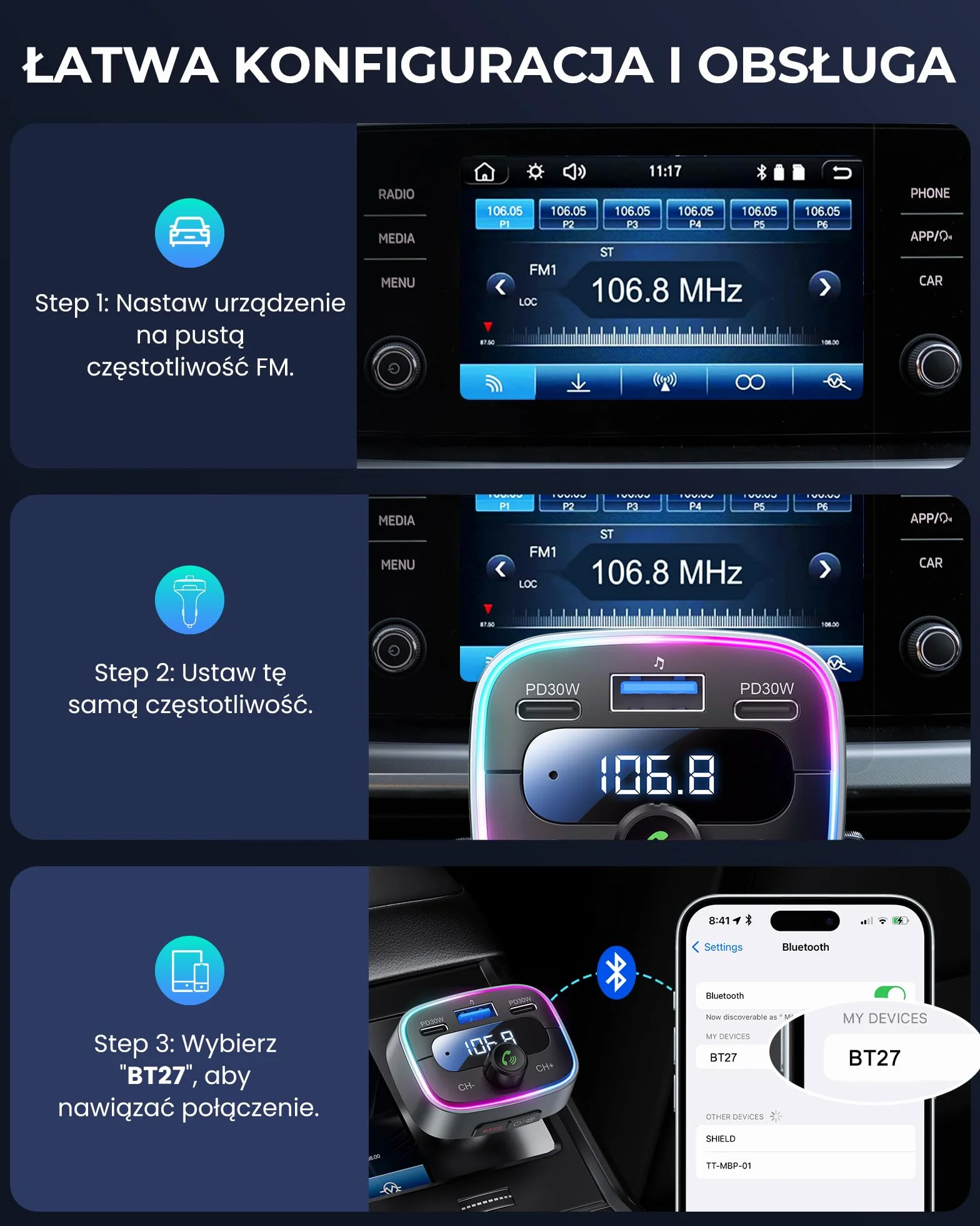 LENCENT Nadajnik FM Bluetooth 5,4, 60 W Szybkie Ładowanie z 2 USB-C (PD 30 W), darmowe rozmowy, muzyka samochodowa, głęboki bas Hi-Fi z 7 kolorami LED i pamięcią USB