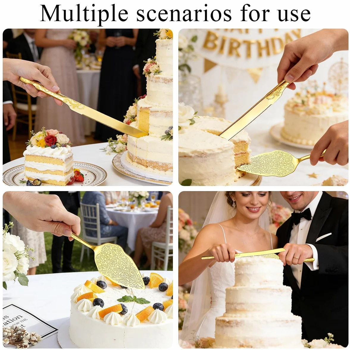 Berglander ensemble de couteau et serveur à gâteau de mariage en or plaqué or titane motif unique