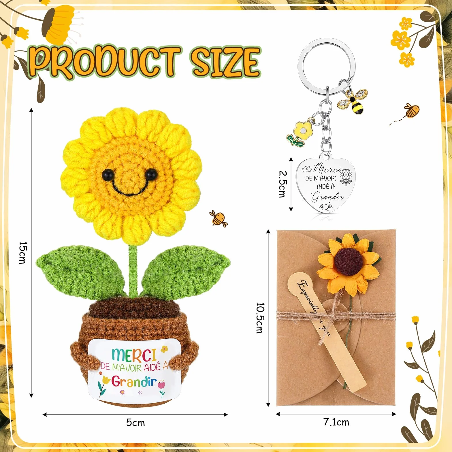 Mini Poupée Tournesol au Crochet avec Carte Porte-Clés pour Professeur, Carte de Vœux en Papier Kraft avec Fleurs Séchées