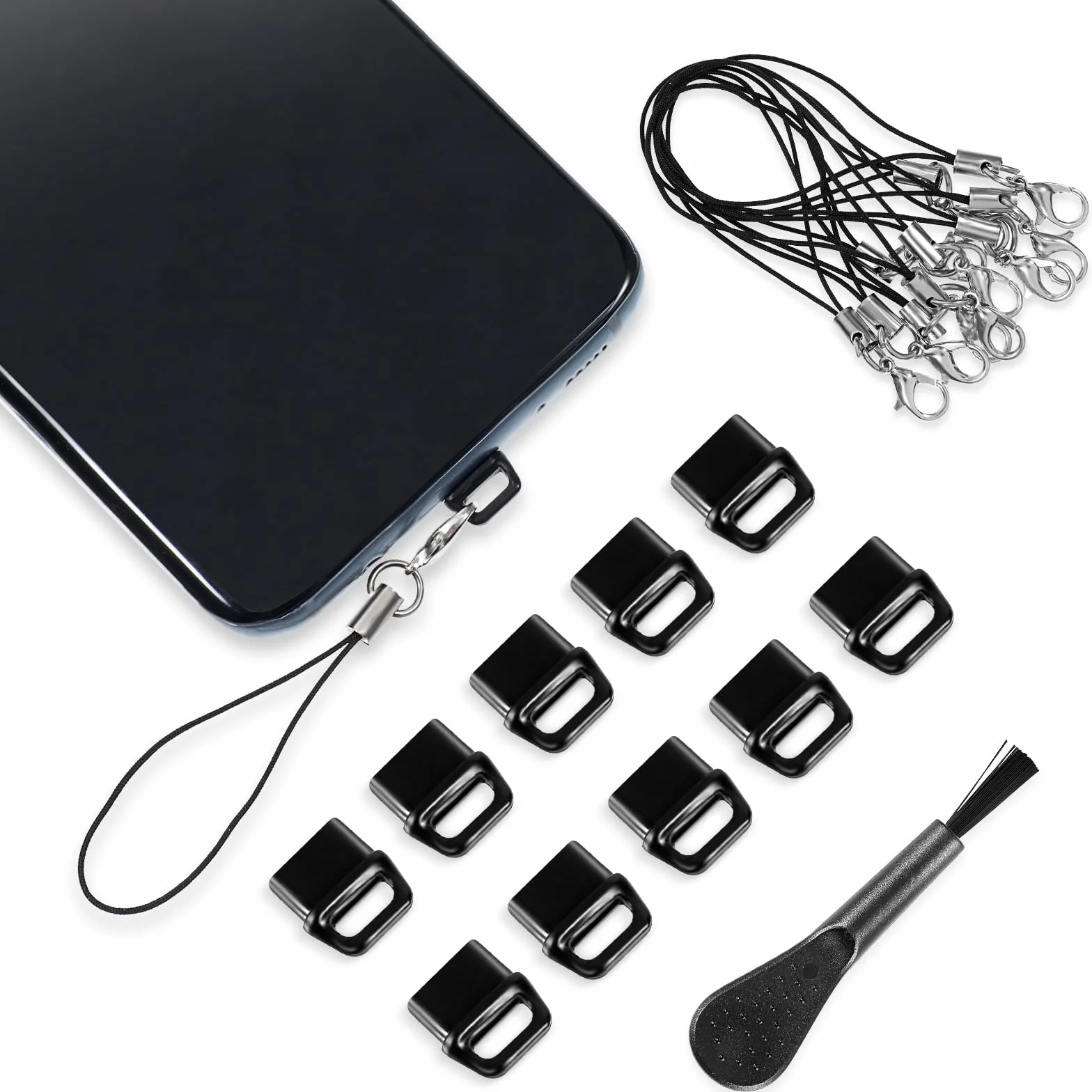 10 sztuk osłony wtyczki przeciwkurzowej USB C, wtyczka portu typu C z 10 sztuk smyczy, paska do telefonu i szczoteczki do czyszczenia, zaślepka portu ładowania Nakładki na port USB C(czarne)