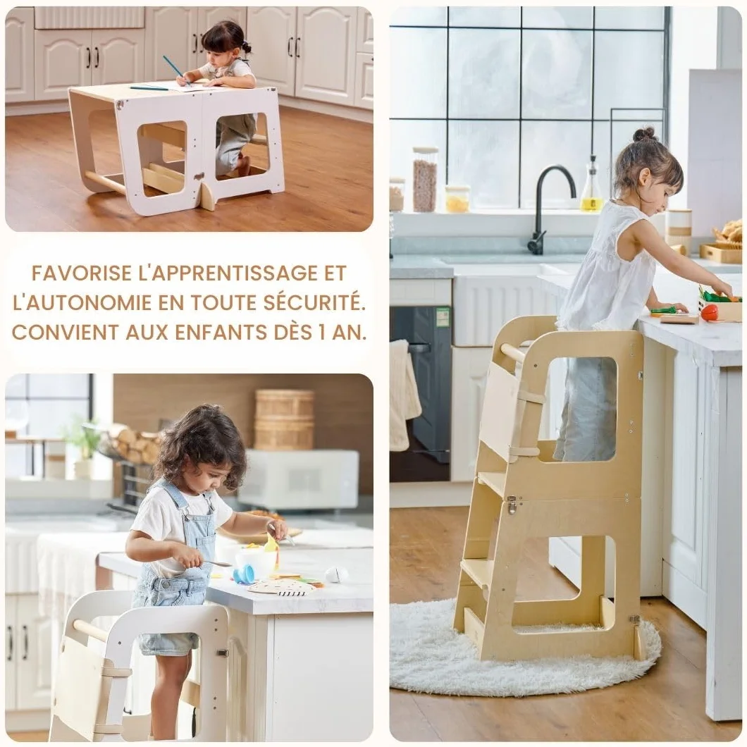 Tour d'Observation Enfant Montessori Convertible en Bureau - Tour d'apprentissage - Tour Observation Tabouret Haut pour Enfant 12 Mois à 6 Ans.