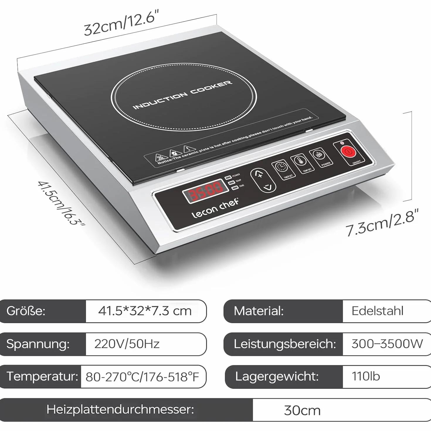 Plaque à induction, Portable 1 Feu Puissante 3500 W, Plaque de cuisine electrique Réglable sur 10 niveaux, grande capacité de charge de 50 KG, 24 heures minute