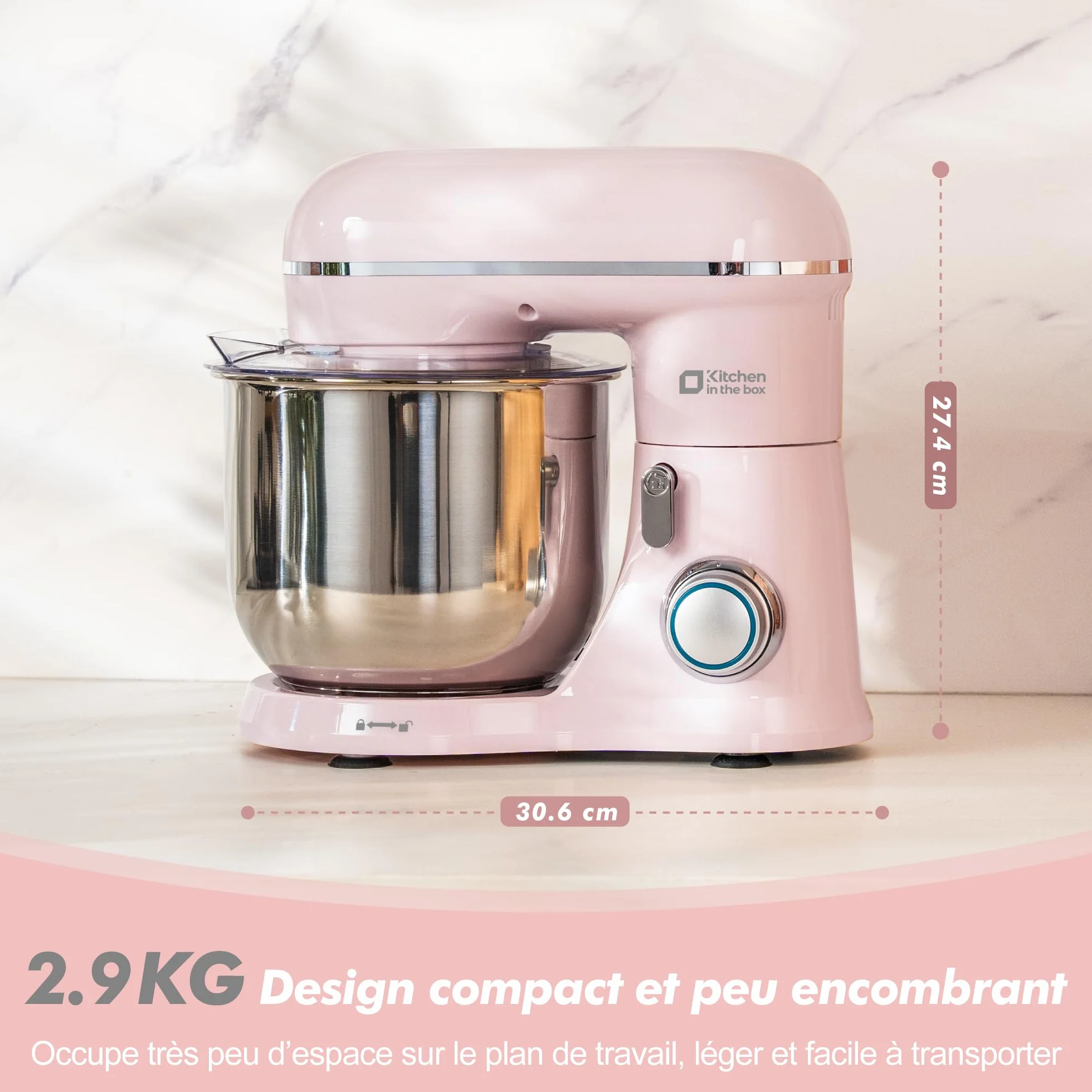 Robot Pâtissier 3.5L Compact, Kitchen in the box 10 Vitesses + Pulse, Léger 2,9 kg, Bol Inox, 3 Accessoires, Mini Robot Cuisine Multifonction, Idéal Pâtisserie Maison et Débutant (Rose Claire)