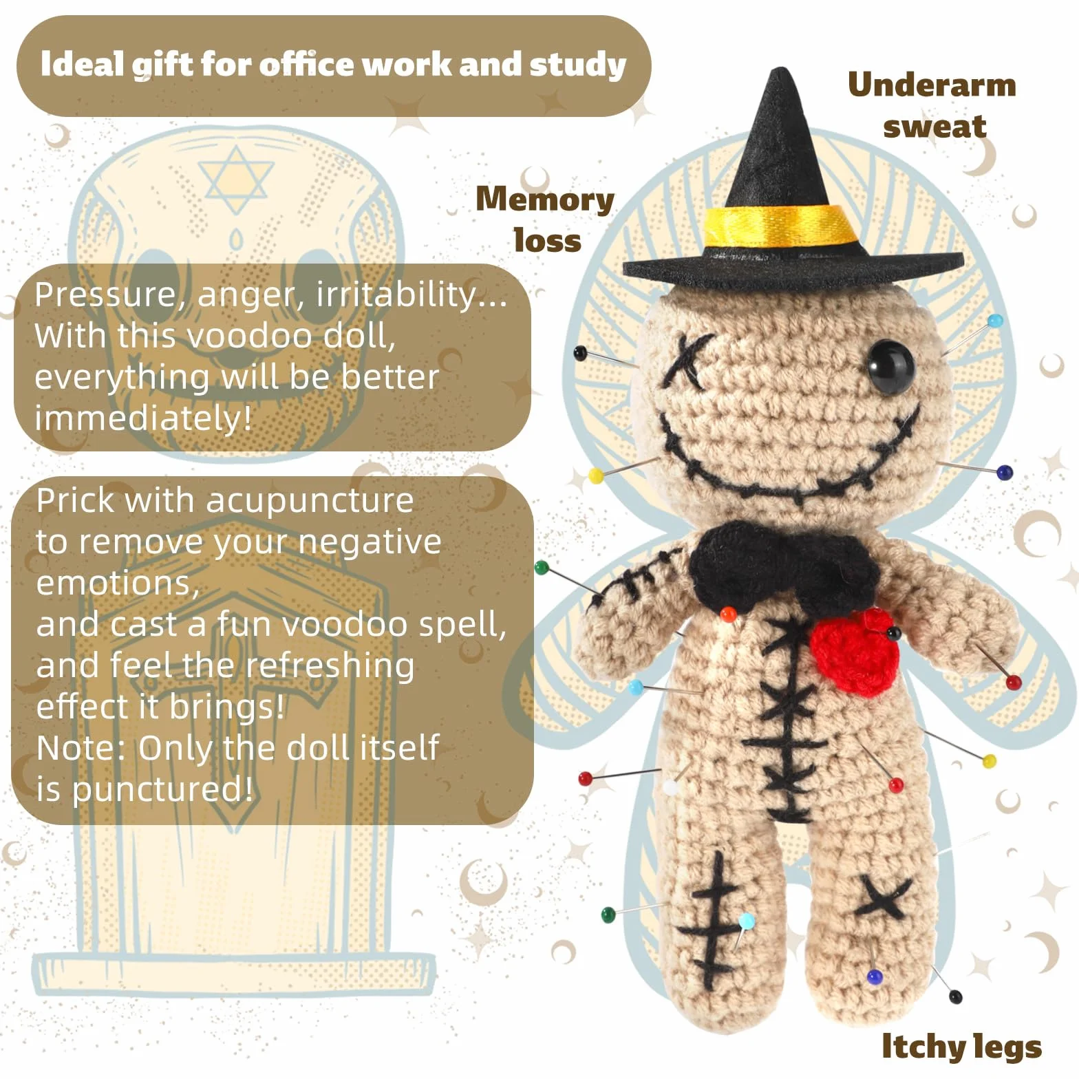 Poupée Vaudou Positive Wizard TOYMIS Amusante Crochet Épingles Jouet Tricoté Kaki Ornements Sorcellerie Décoration Halloween