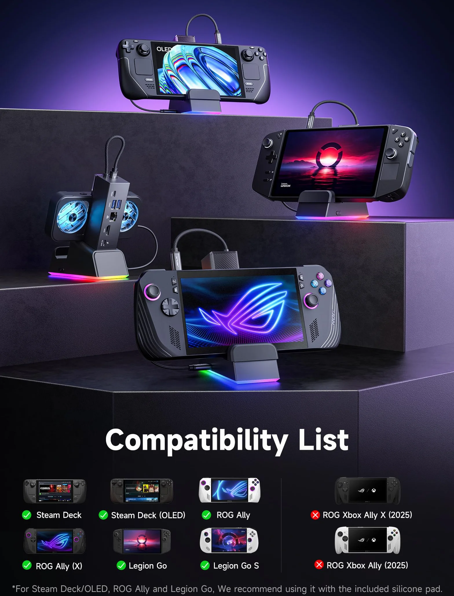 JSAUX Stacja dokująca do ROG Ally X/ROG Ally/Steam Deck/Legion Go, stacja dokująca 7 w 1 do ROG Ally X z wentylatorem chłodzącym RGB, HDMI 4K@120Hz, Gigabit Ethernet, Dual USB i USB C 3.0, ładowanie
