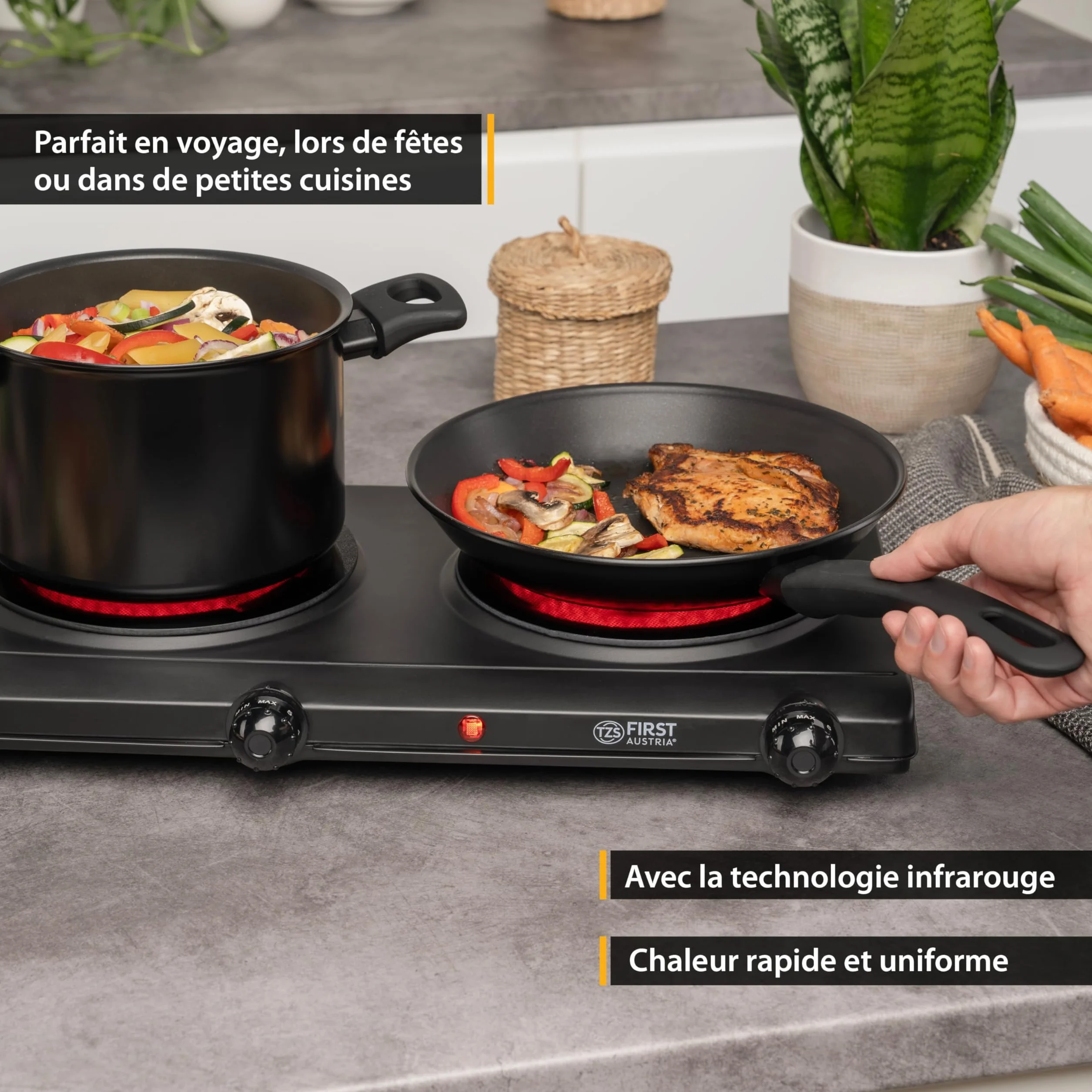 TZS First Austria - Plaque de cuisson double infrarouge vitrocéramique TOUS types de casseroles 2500W - Mini réchaud électrique pour déménagement, camping & maison - Réglage continu & témoin contrôle