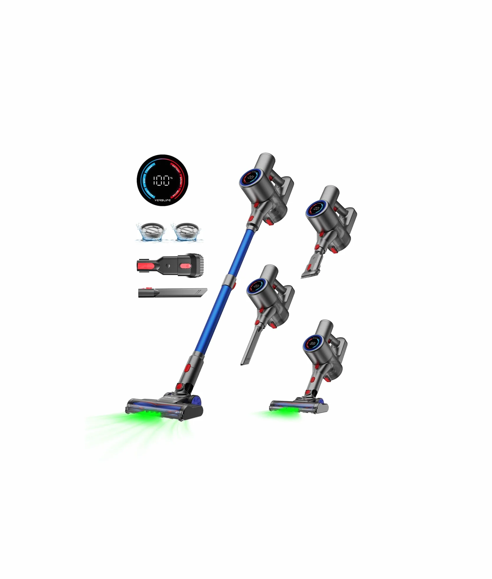 VersLife Z8 Aspirateur Balai sans Fil, 40Kpa/45Min/500W/6 en 1 Aspirateur Balai Léger avec LED Verte, Écran LED, Autoportant pour Poils d'animaux, sols Durs et Moquettes (Bleu foncé)