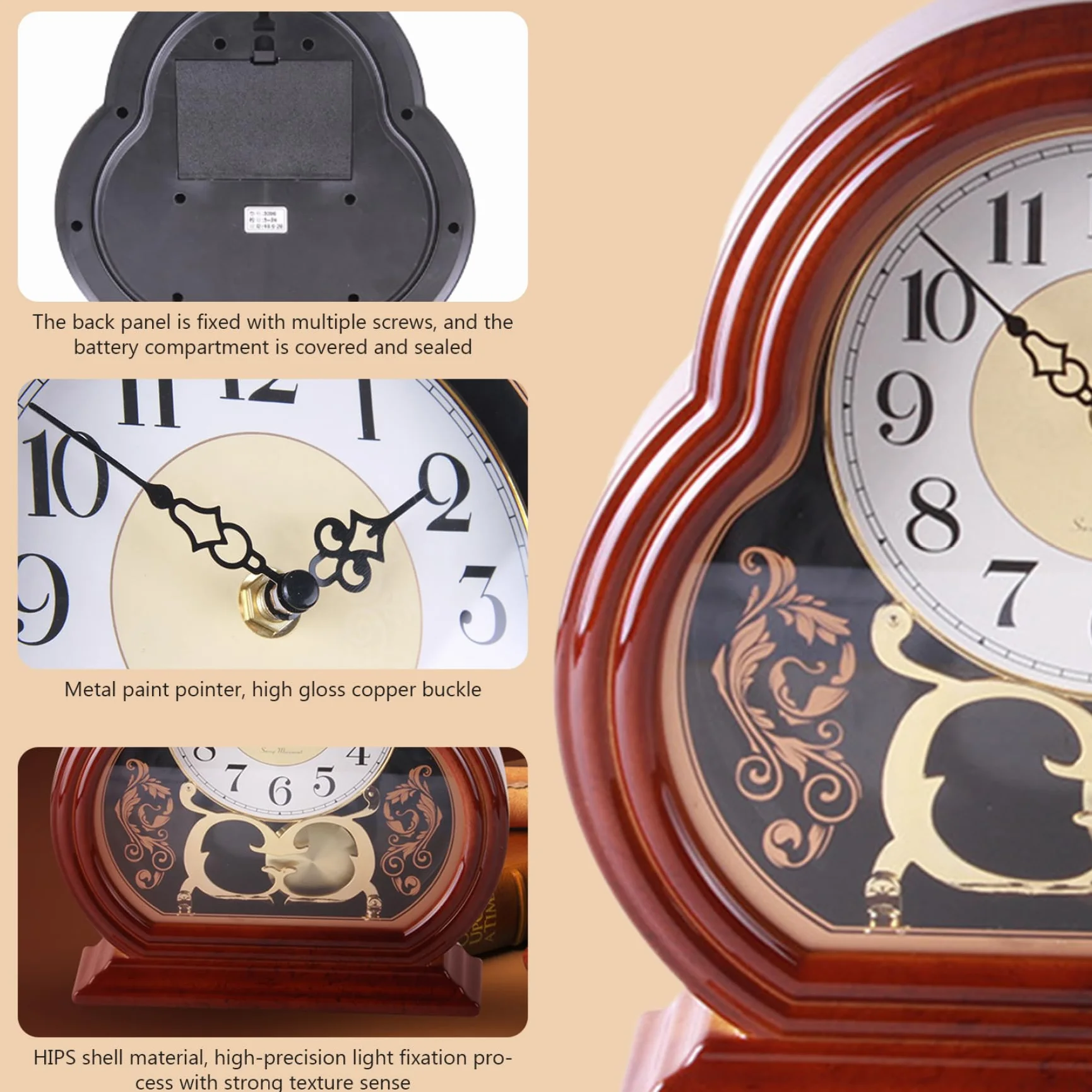 Horloge de Cheminée en Bois de Noyer Vintage Silencieuse avec Balançoire Pendule pour Salon Bureau
