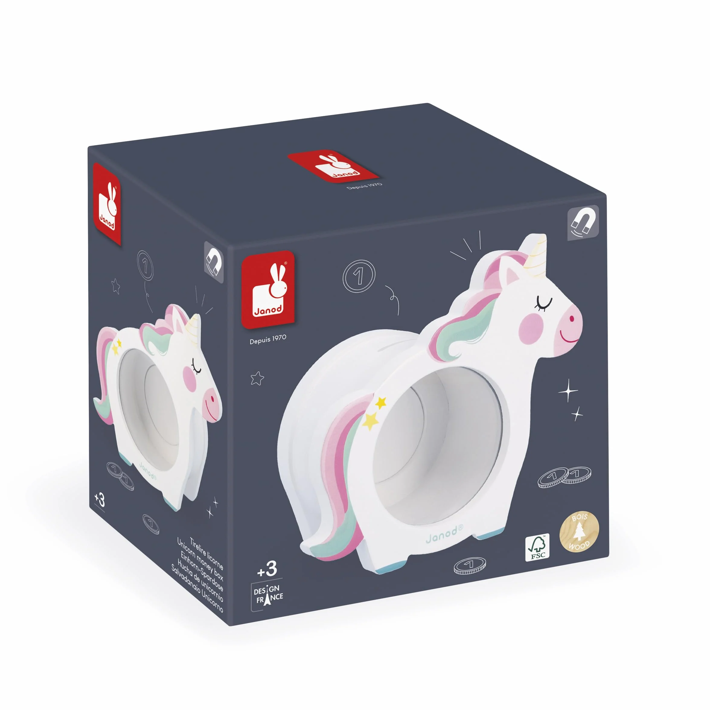 Janod Tirelire Licorne Enfant Bois FSC Ouverture Magnétique Transparente