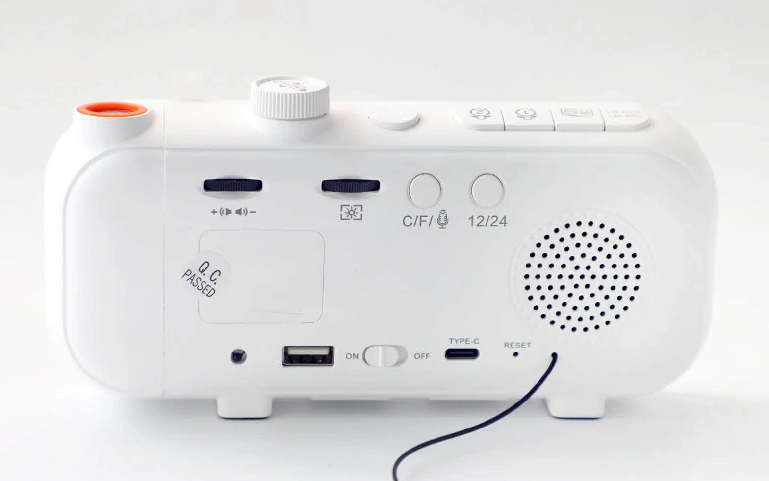Radio Réveil Numérique avec Projecteur Plafond, Température et Humidité, Double Réveil Snooze, Charge USB - Blanc