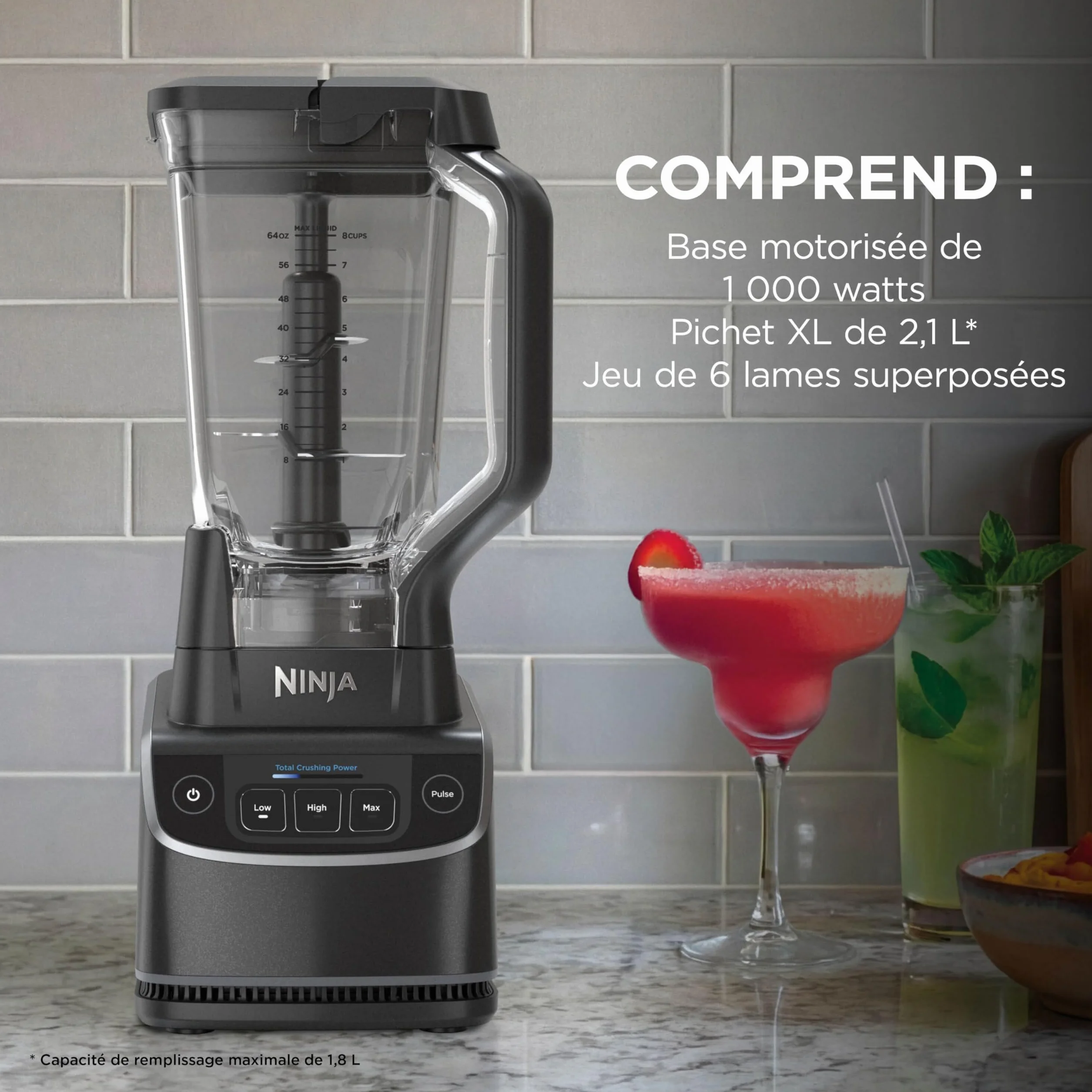 Ninja UltraCrush Mixeur Blender, 3 réglages de vitesse, mode manuel Pulse (Impulsion), grande carafe à capacité de remplissage maximal de 1,9 L, pour préparer smoothies, sauces et plus, Noir BP201EU