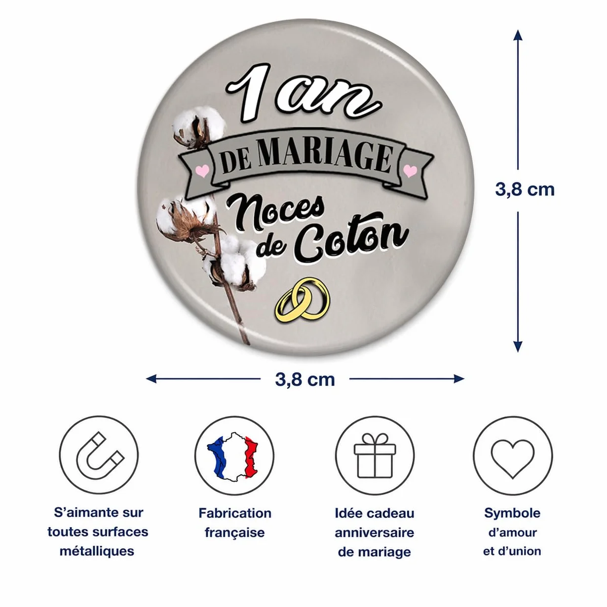 Magnet Aimant 3.8cm Anniversaire 1 an Mariage Noces de Coton Anneaux