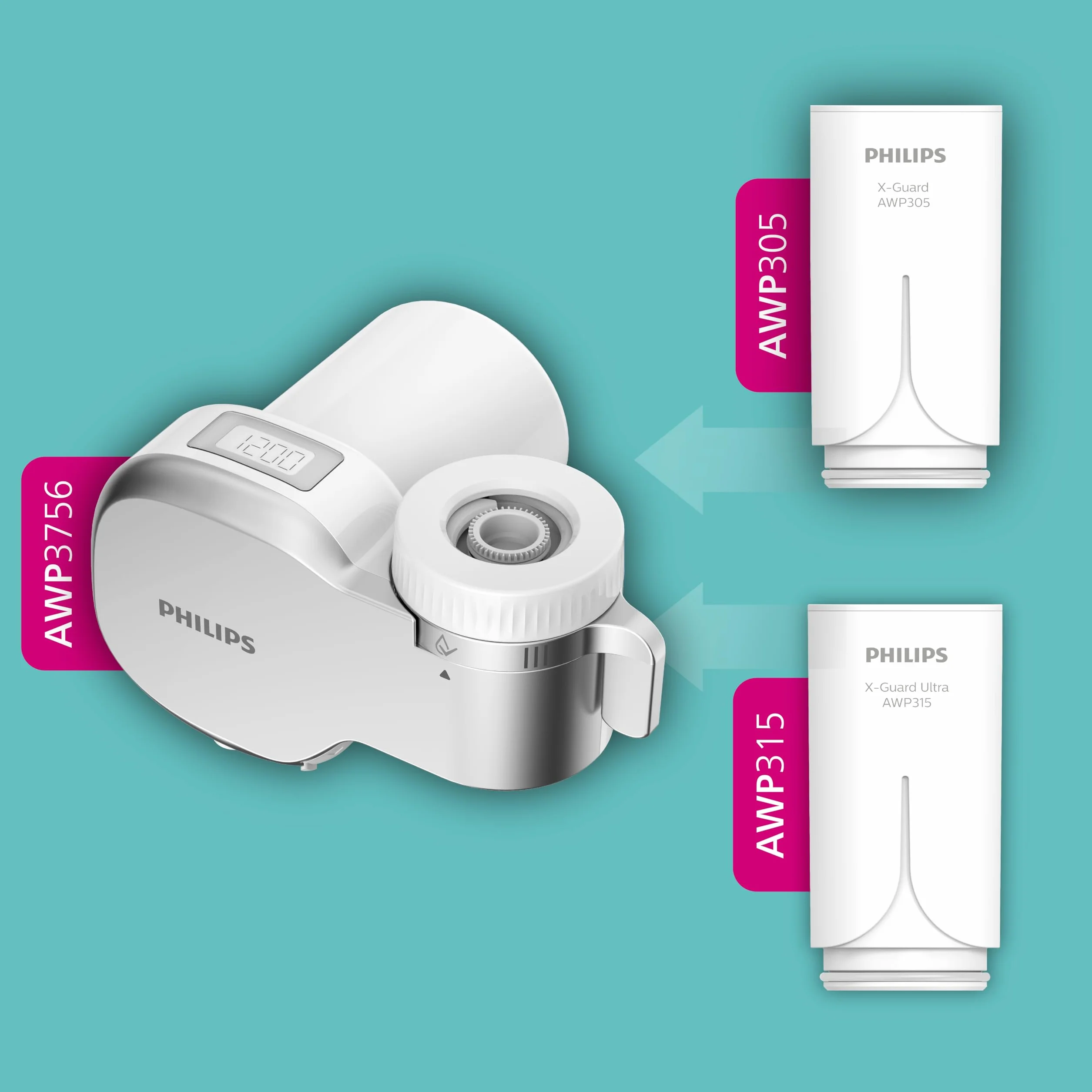 Philips Water Filtre Ontap AWP3756P1/10 ULTRAFILTRATION avec affichage numérique, réduit le CHLORE, le PLOMB, les MICROPLASTIQUES et les BACTÉRIES, capacité de filtration de 1.200 L